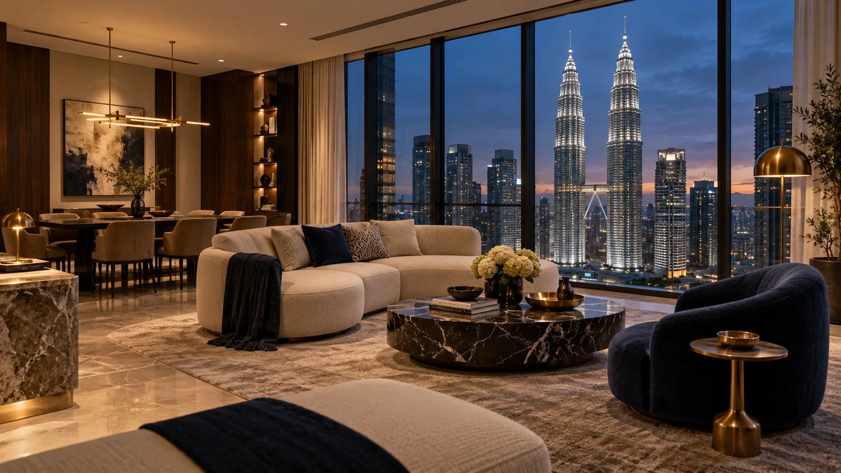 Luxury residence interior overlooking the Petronas Twin Towers